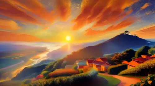 sun sunrise,world digital painting,mountain sunrise,landscape background,mountain scene,sunburst background,home landscape,mountain landscape,mountain village,alpine sunset,digital painting,mountainou