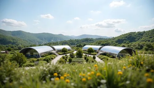 Eco-friendly energy plant, fusion architecture, curved metallic structures, green roofs, solar panels, wind turbines, hydroelectric power generation, geothermal systems, biomass energy conversion, rec