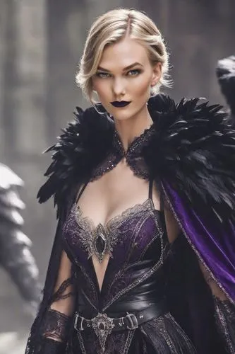 dark elf,violet head elf,dodge warlock,charlize theron,fantasy woman,undead warlock,sorceress,huntress,celebration cape,dark angel,evil woman,female warrior,vampire woman,heroic fantasy,the enchantress,gothic fashion,tilda,birds of prey,raven,norse,Photography,Cinematic