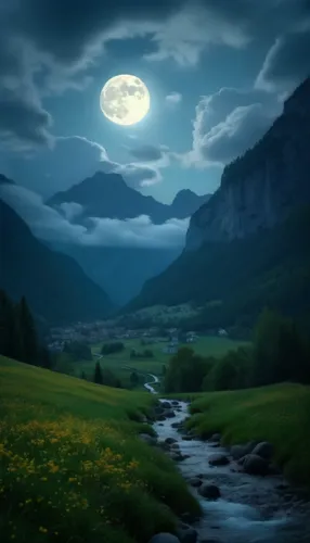 a view of the mountains with a stream flowing through it,moonlit night,moonlit,cartoon video game background,the night of kupala,moon in the clouds,super moon