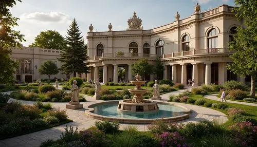 Ornate fountain, intricately carved statues, lush greenery, vibrant flowers, symmetrical gardens, manicured lawns, decorative hedges, meandering walkways, ornamental bridges, tranquil ponds, rustic st