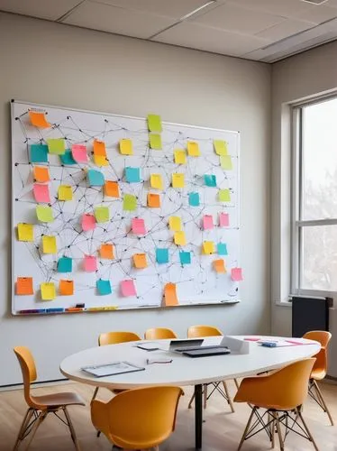 Modern enterprise architecture framework diagram, whiteboard background, colorful sticky notes, complex network structure, interconnected nodes, sleek lines, 3D visualization, futuristic ambiance, sof