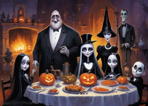 Write a spooky scene where the lovable Locos Addams family celebrates their favorite holiday, Halloween.,halloween poster,helloween,halloween pumpkin gifts,halloween illustration,jack-o'-lanterns,hall