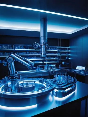 Futuristic laboratory, Brecon company, sci-fi design cell architecture, sleek metallic surfaces, neon blue lights, complex pipework, high-tech equipment, glass containers, futuristic microscopes, robo