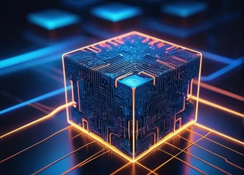 Digital illustration, futuristic background, complex neural network, circuit board patterns, glowing blue lines, intricate connections, 3D cube structure, metallic material, reflective surface, soft n