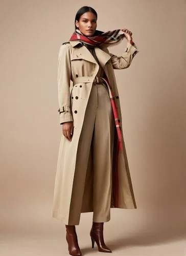 a model in a trench coat and pants wearing a scarf,overcoats,overcoat,trenchcoat,long coat,coat,greatcoat,Conceptual Art,Fantasy,Fantasy 07