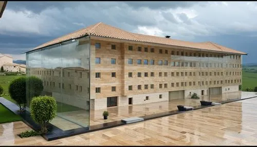 

Real image, travertine stone facade, clear glass with clear curtain behind it, rainy weather,

,fondazione,venaria,villa farnesina,farnesina,castellum,miniato,pannonhalma,federal palace,sienese,mona