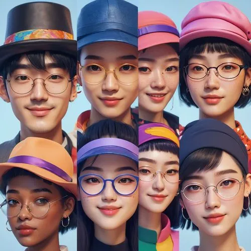 multicolor faces,hats,uniqlo,vector people,sun hats,color glasses,seven citizens of the country,asian conical hat,the hat-female,retro women,straw hats,people characters,women's eyes,korean,bowler hat,hat retro,beret,asian vision,chinese icons,retro cartoon people,Illustration,Japanese style,Japanese Style 05