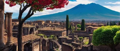 pompeii,world digital painting,meteora,ancient city,darjeeling,riftwar,volcanic landscape,armenia,antigua guatemala,theed,medieval town,french digital background,caylus,carcassone,erebor,mayon,naboo,tuscan,rouran,valentia,Illustration,Japanese style,Japanese Style 14