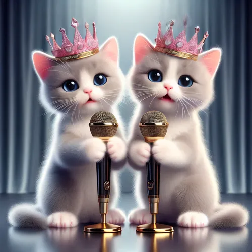 singers,singing,prince and princess,sing,duet,beauty pageant,vintage cats,doll cat,karaoke,cute cartoon image,musicians,two cats,crowns,baby cats,to sing,pink cat,singer,princesses,kittens,cat lovers