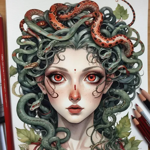 Beautiful Medusa with freckles, like hair he has 13 snakes, red eyes, buxom hourglass figure, slight smile, stunning smokey eye make-up, 32k, ultra realistic, detailed face, pencil and watercolour det