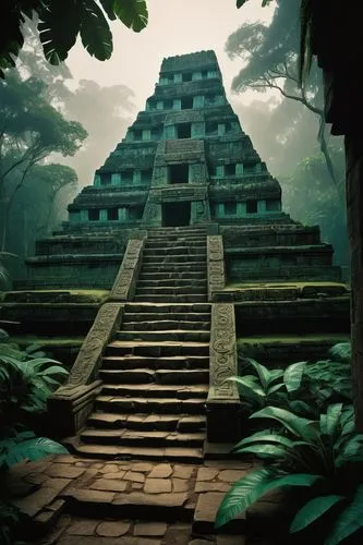 tikal,step pyramid,chichen itza,yavin,eastern pyramid,calakmul,mayan,stone pyramid,palenque,pakal,pyramid,ziggurat,vimana,bipyramid,azteca,yantra,kharut pyramid,ziggurats,rathas,viriya,Illustration,American Style,American Style 06