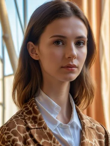 The girl with the "giraffe neck".,a woman posing in front of a window wearing a giraffe print jacket,marni,alexandrova,petrova,belenkaya,portman,yulia,Photography,General,Realistic