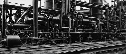 industrial tubes,tank cars,heavy water factory,machinery,industrial plant,crankshaft,steam locomotives,steam power,pumping station,gas compressor,industrial landscape,pipes,pipe work,valves,industry,industry 4,combined heat and power plant,pressure pipes,steam engine,train engine,Illustration,Black and White,Black and White 26