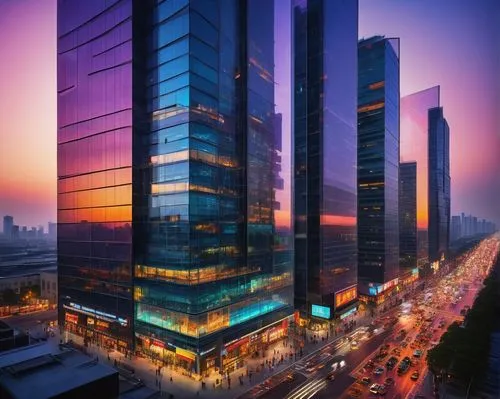 Modern skyscraper, urban cityscape, busy street, crowded sidewalk, bright LED billboards, glass and steel structure, sleek lines, angular edges, reflective windows, city lights at dusk, warm glow, mis