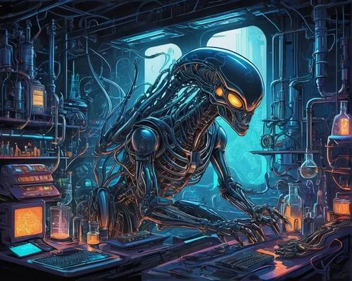 Alien race creator, futuristic laboratory, sci-fi setting, neon lights, holographic screens, advanced technology, genetic engineering tools, test tubes, petri dishes, multiple limbs, glowing blue eyes