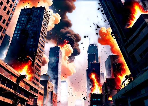 Retro pixel art style, video game-inspired scene, explosion effect, colorful smoke, debris flying everywhere, destroyed cityscape, ruined skyscrapers, broken robots, shattered screens, sparks everywhe