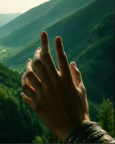 ihre hand auf dem kopf, ultra hd,a hand and some mountains are visible in the distance,lubezki,sokurov,climbing hands,kiarostami,praying hands,human hands