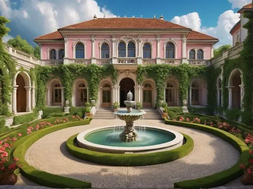 Baroque rose palace, intricate stone carvings, grand entrance, ornate door, stained glass windows, delicate balconies, lush green vines climbing walls, soft warm lighting, afternoon sun, dramatic clou