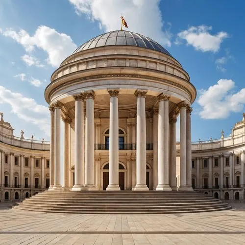 a gazebo has an ornate column, with pillars and flags on top,saint isaac's cathedral,capitolio,saint george's hall,borromini,burgtheater,reichstag,cinquantenaire,sejm,the lviv opera house,neoclassical