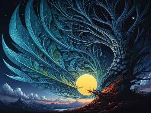 an artistic painting with a full moon and blue swirling tree nches,tree of life,celtic tree,dragon tree,magic tree,silmarillion,mother earth,Illustration,Realistic Fantasy,Realistic Fantasy 25