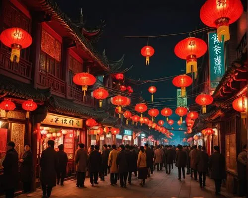 Shanghai, Red Light District, night scene, neon lights, vibrant atmosphere, crowded streets, old Shanghai architecture, Chinese lanterns, red doors, intricate carvings, balconies, ornate rooftops, str