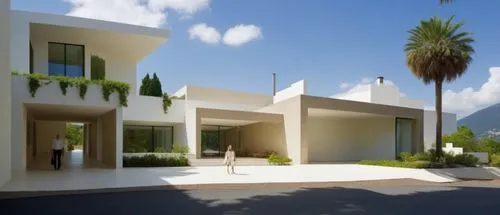 Diseñar el exterior de una casa estilo minimalista, ubicada en una privada y rodeada de un entorno verde. Al frente, hay una calle de asfalto. Utiliza colores neutros como blanco y arenas en plafones,