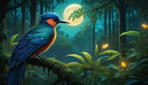 Exotic bird, fantasy creature, vibrant plumage, iridescent feathers, glowing eyes, delicate wings, slender legs, ornate beak, perched, moonlit, misty forest, twinkling fireflies, lush greenery, ancien