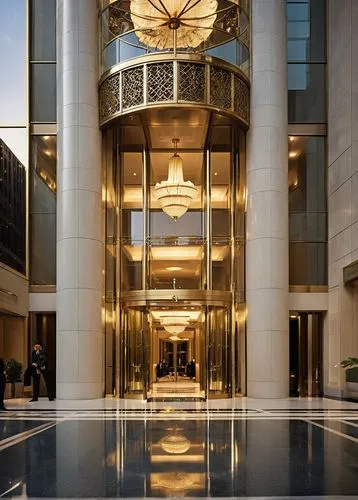 Grand, luxurious Carlyle architectural design, modern skyscraper, glass curtain wall, sleek metallic framework, intricate stone carvings, majestic entrance with revolving doors, high-ceiling lobby, ma