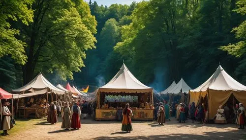 Medieval festival, sunny day, Guignolfest banner hanging, colorful tents selling food and drinks, joyful crowd of people from different social classes, knights in armor walking by, a group of jesters 