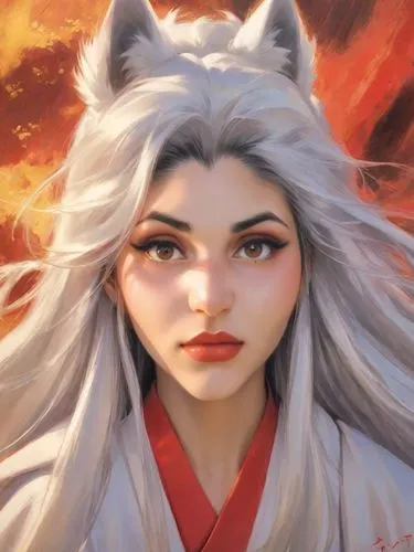 a drawing of a woman with white hair and grey eyes wearing a red dress,inuyasha,amaterasu,kitsune,seimei,mulan,puxi,Digital Art,Impressionism