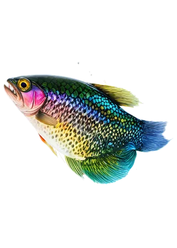 Rainbow trout, fish silhouette, vibrant colorful scales, shiny fins, aquatic eyes, flowing water effect, transparent background, 3/4 composition, soft focus, warm color tone, cinematic lighting, shall