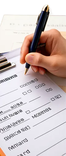 Checklist, clipboard, held by hand, fingers grasping, thumb on top, checkboxes filled, pen lying aside, white background, shallow depth of field, soft focus, warm lighting, 3/4 composition, close-up s