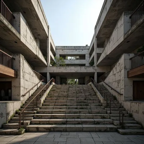 Rugged amphitheater, brutalist architecture, exposed concrete structures, raw poured-in-place walls, dramatic cantilevered roofs, angular staircases, rugged stone steps, rustic metal handrails, indust