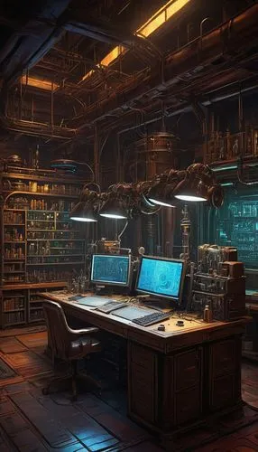 Fantasy AI art maker, futuristic laboratory, sci-fi atmosphere, neon lights, holographic screens, robotic arms, metallic tables, wires, circuits, futuristic gadgets, test tubes, beakers, Petri dishes,