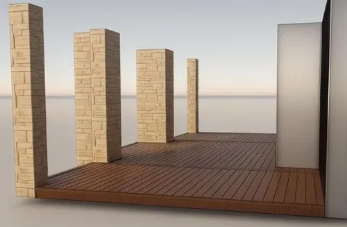 a wooden deck with pillars in front of it,monoliths,pillars,cube stilt houses,plinths,water wall,3d rendering,Common,Common,Natural