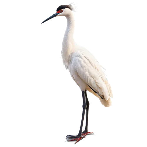 Crane bird, close-up, white feathers, long neck, black crown, red eyes, sharp beak, standing, one leg bent, morning dew, soft sunlight, shallow depth of field, warm color tone, cinematic lighting, gen