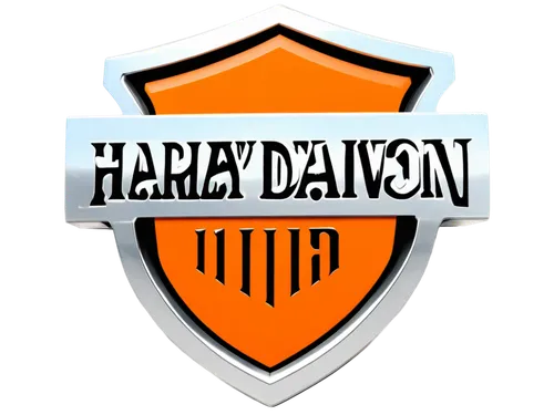 Harley Davidson logo, silver and orange colors, bold font, Bar and Shield emblem, 3D metallic texture, reflective surface, close-up shot, dramatic lighting, high contrast, detailed rendering.,harragon