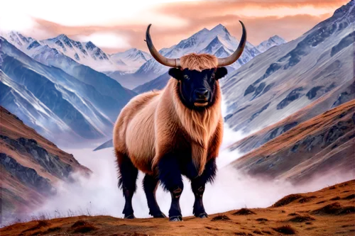 mountain cow,mountain sheep,yak,alpine ibex,alpine cow,black-brown mountain sheep,feral goat,manchurian stag,barbary sheep,bos taurus,horoscope taurus,highland cow,mountain cows,elk,cervus elaphus,aurochs,zebu,anglo-nubian goat,goat-antelope,mountain goat,Illustration,Realistic Fantasy,Realistic Fantasy 20