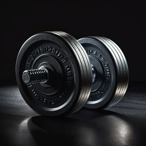 Dumbbell, graphic design, metallic silver, reflective surface, detailed texture, modern fitness equipment, gym setting, dark background, spotlight shining, dramatic shadows, dynamic composition, 3/4 v