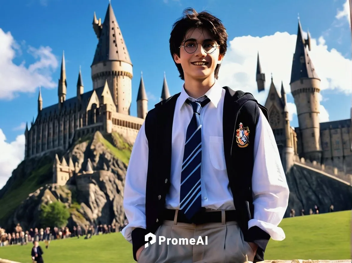 Boy, Harry Potter, Hogwarts student, messy black hair, glasses, scar above left eyebrow, casual smile, British school uniform, white shirt, tie, black trousers, sneakers, holding a wand, standing in f