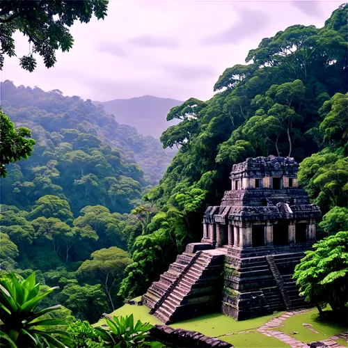 Mayan ruins, ancient city, Cayalá, Guatemala, vibrant colors, intricate stone carvings, crumbling structures, lush green jungle surroundings, misty atmosphere, warm sunlight filtering through foliage,