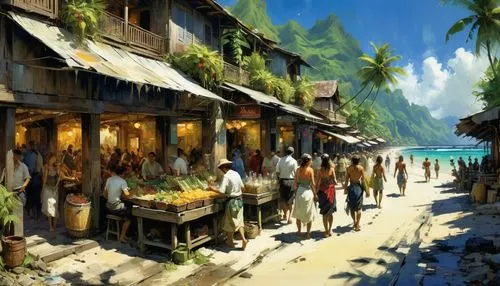 fishing village,tahiti,popeye village,fruit market,south pacific,beach restaurant,bahian cuisine,kohphangan,beach bar,vendors,moorea,seaside resort,bali,honolulu,izakaya,island residents,merchant,stone town,isle,coffee bay,Art,Artistic Painting,Artistic Painting 32