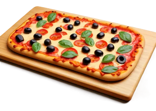 Italian style pizza, rectangular shape, thick crust, golden brown color, melted mozzarella cheese, fresh tomato sauce, basil leaves, olives, pepperoni slices, wooden cutting board, rustic background, 