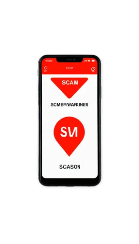 Sleek smartphone, scam warning screen, bright red alert icon, white background, bold black font, 3/4 composition, close-up shot, shallow depth of field, softbox lighting, realistic texture, reflective