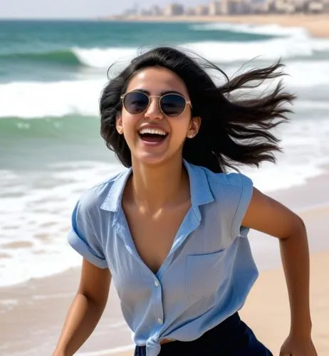 The 18-year-old Moroccan girl with black hair was running by the sea in Tel Aviv.  She's wearing sunglasses, laughing, her hair blowing in the wind.,a woman in sunglasses runs along the beach,malar,ch