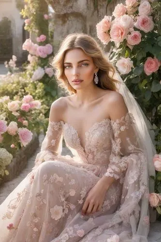 wedding dress,wedding dresses,bridal dress,romantic look,blonde in wedding dress,enchanting,wedding gown,bridal clothing,elegant,deepika padukone,peach rose,bridal,fairy queen,floral,with roses,vanity fair,bella rosa,cinderella,a princess,scent of roses,Photography,Realistic