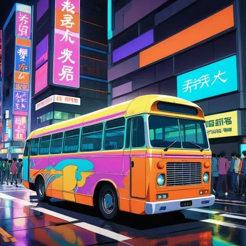 city bus,bus,midibus,autobus,tokyo city,colorful city,Illustration,Japanese style,Japanese Style 03