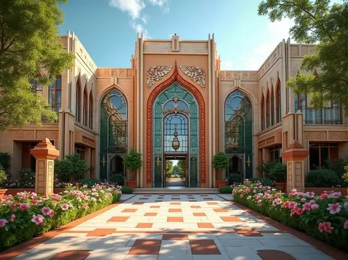 Vibrant campus scene, art deco inspired facade, ornate geometric patterns, metallic accents, bold color schemes, symmetrical compositions, grand entrance gates, fluted columns, ornamental stone carvin