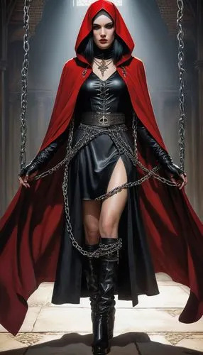 scarlet witch,bloodrayne,red riding hood,vampire woman,dhampir,wiccan,Illustration,Realistic Fantasy,Realistic Fantasy 12